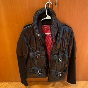 Black shiny nylon bomber jacket with knitted sleeves. Can be worn as a vest.